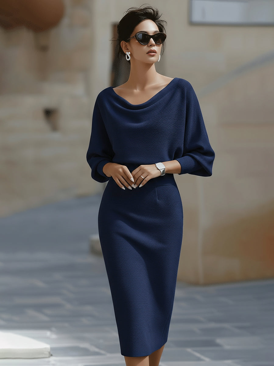 Robe midi moulante femme col bateau à manches chauve-souris – Jacqueline – Bleu