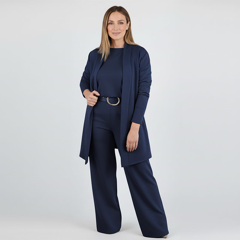 Ensemble 3 pièces femme gilet long, haut et pantalon à ceinture – Héloïse - Bleu marine