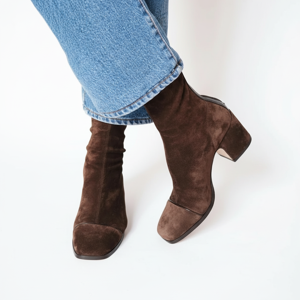 Bottines femme bout carré effet suédine à talon bloc – Alice - Marron foncé