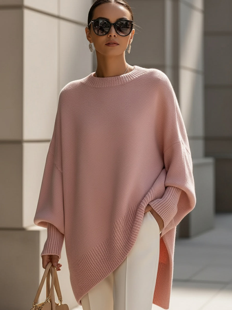 Pull poncho oversize femme en maille douce à col rond – Margaux - Rose