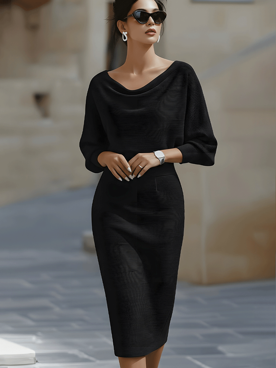 Robe midi moulante femme col bateau à manches chauve-souris – Jacqueline – Noir