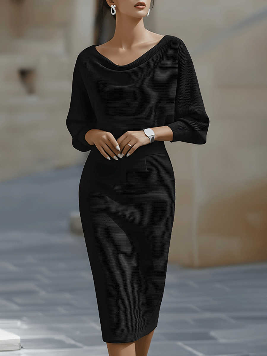 Robe midi moulante femme col bateau à manches chauve-souris – Jacqueline – vue 7
