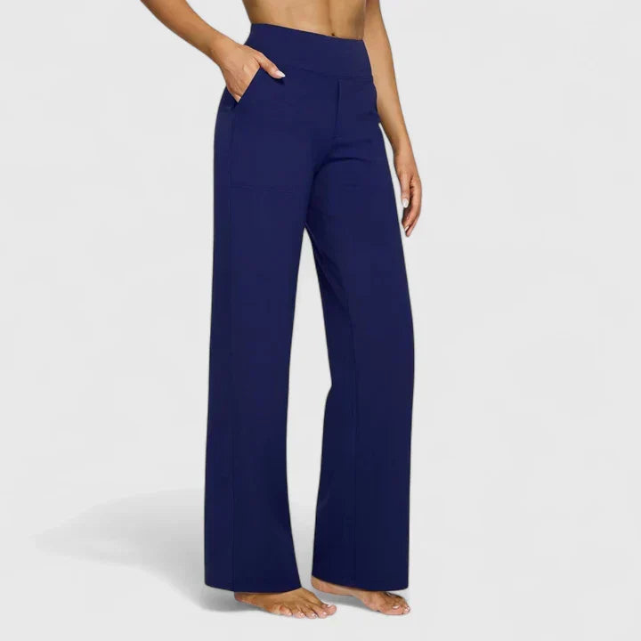 Pantalon femme taille haute à jambe droite et poches – Romane - Bleu