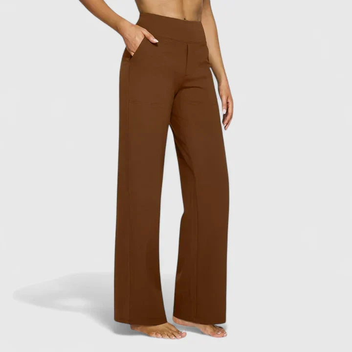Pantalon femme taille haute à jambe droite et poches – Romane - Brun