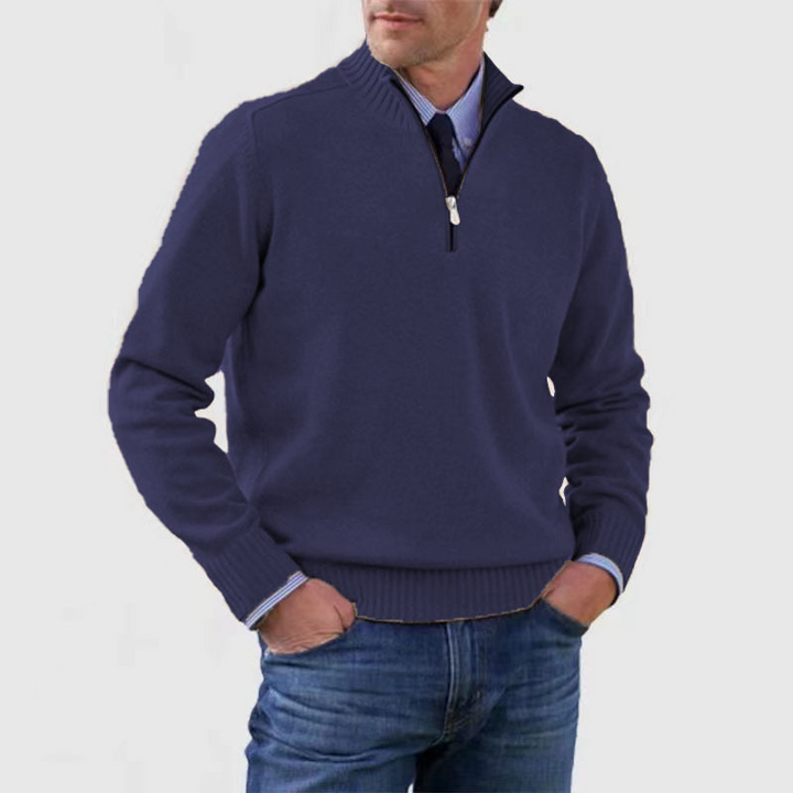 Pull demi-zip homme coupe classique en maille premium – Lucien – Bleu marine