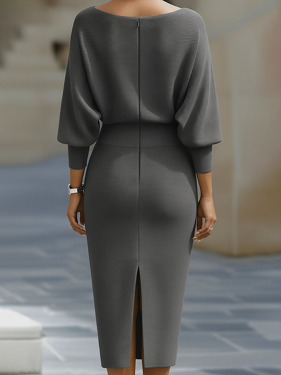 Robe midi moulante femme col bateau à manches chauve-souris – Jacqueline – vue 9