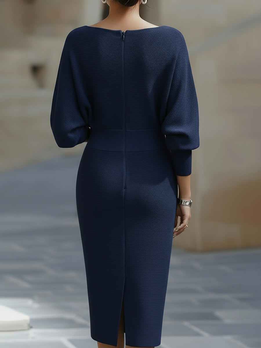 Robe midi moulante femme col bateau à manches chauve-souris – Jacqueline – vue 11