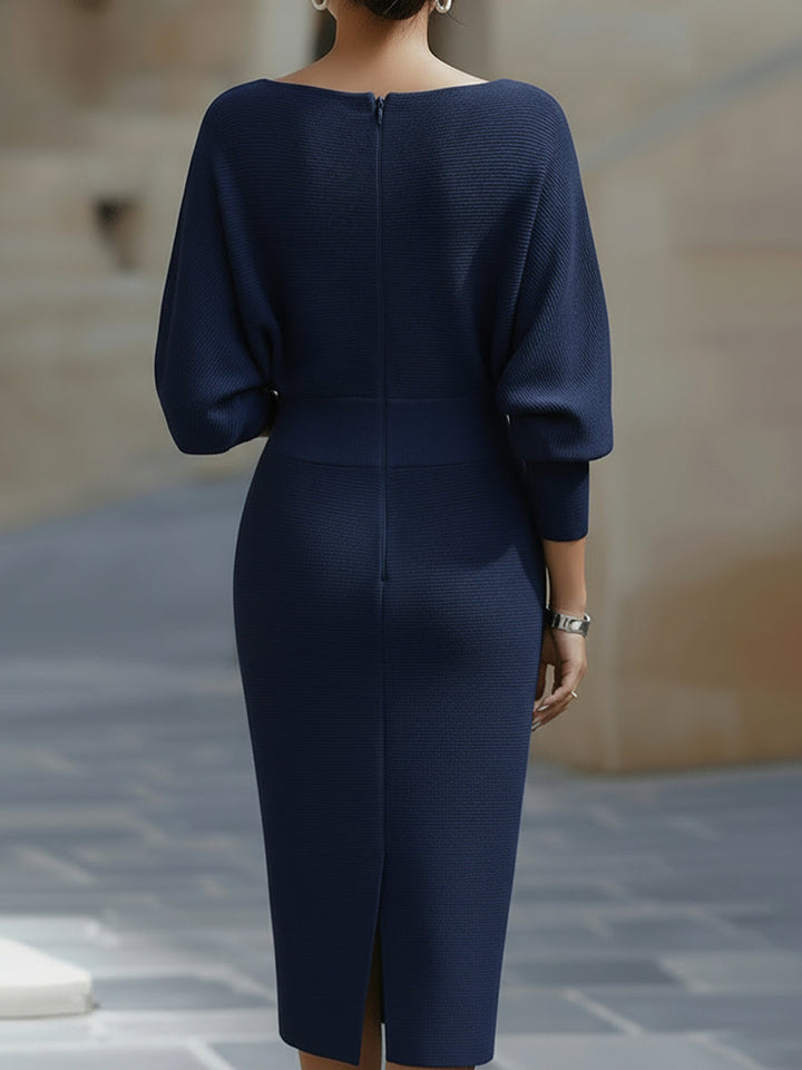 Robe midi moulante femme col bateau à manches chauve-souris – Jacqueline – vue 11