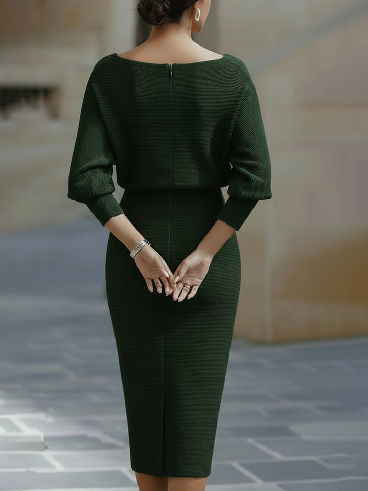 Robe midi moulante femme col bateau à manches chauve-souris – Jacqueline – vue 12
