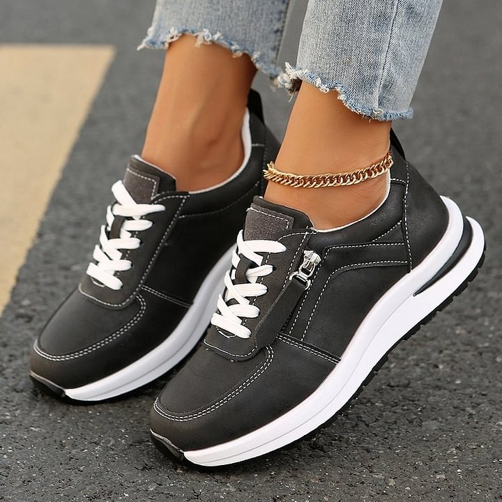 Baskets femme métallisées à lacets et zip latéral semelle confort – Jade - Noir