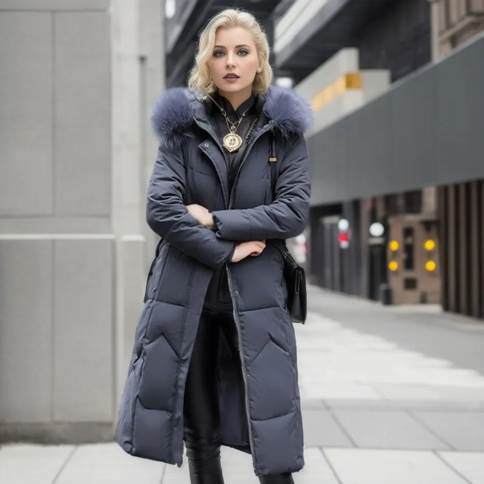 Manteau d'hiver long femme à capuche bordée de fourrure – Glamour – Gris