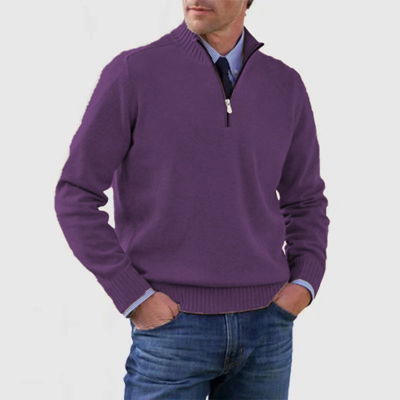 Pull demi-zip homme coupe classique en maille premium – Lucien – Violet foncé