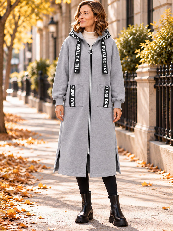 Manteau sweat long femme oversize zippé à capuche – Léonie - Gris
