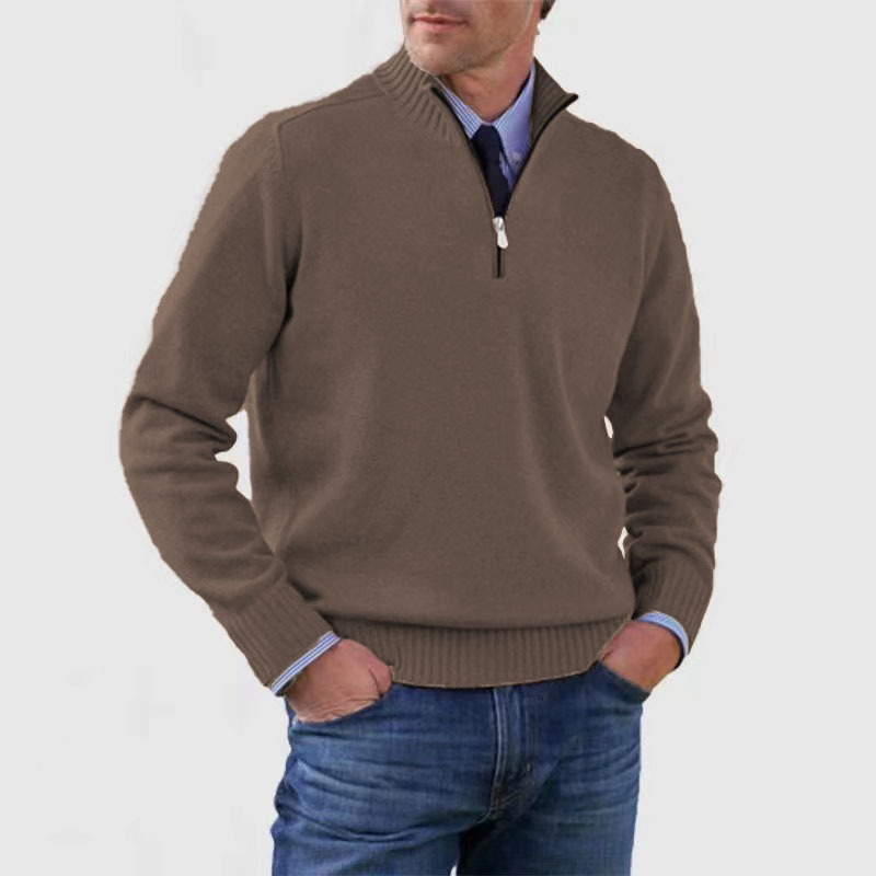 Pull demi-zip homme coupe classique en maille premium – Lucien – Marron