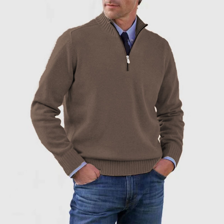Pull demi-zip homme coupe classique en maille premium – Lucien – Marron