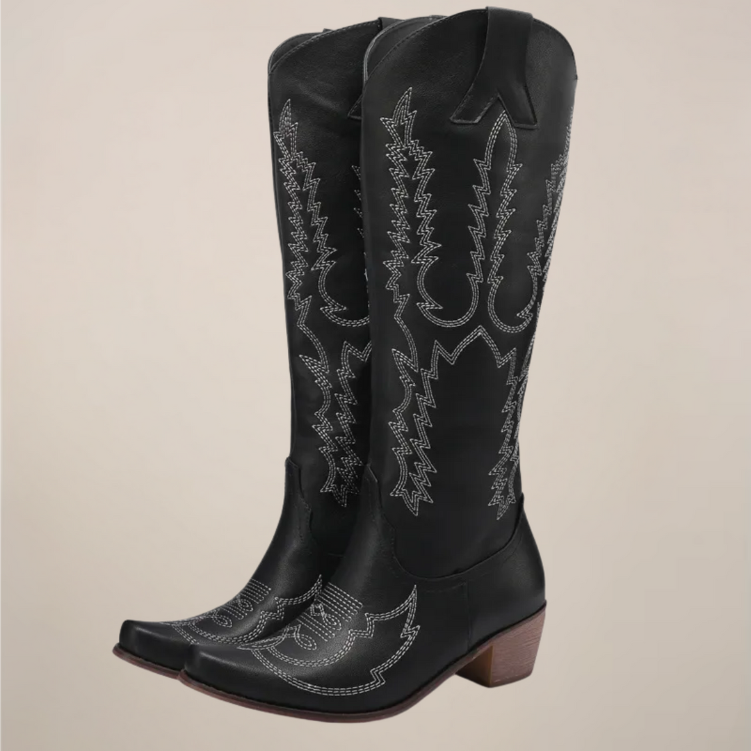 Bottes hautes western femme brodées à talon bloc – Élise – Noir