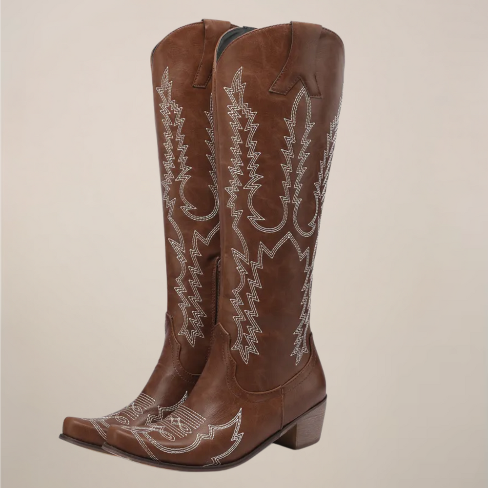 Bottes hautes western femme brodées à talon bloc – Élise – Marron