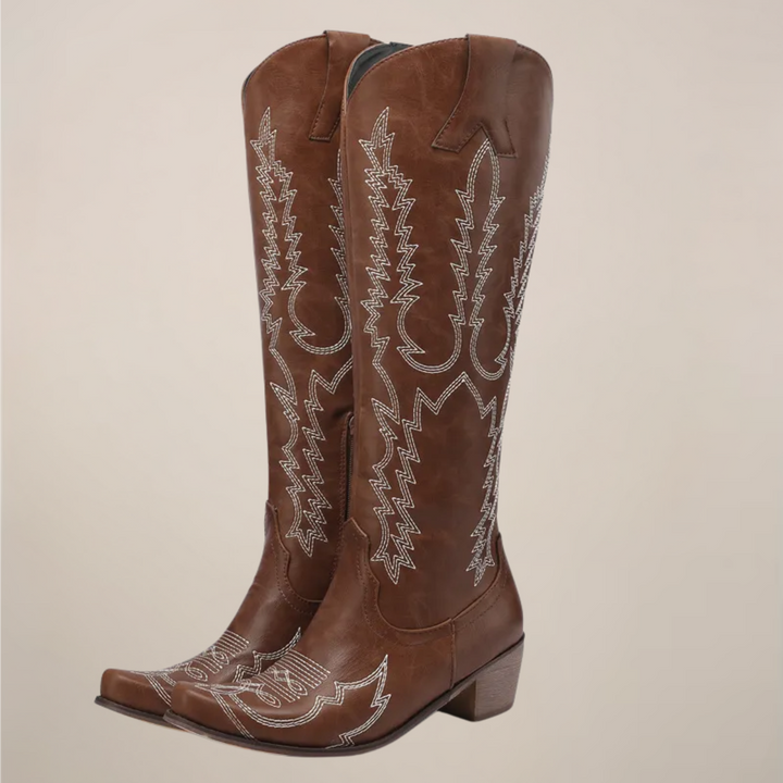 Bottes hautes western femme brodées à talon bloc – Élise – Marron