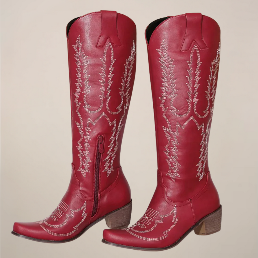 Bottes hautes western femme brodées à talon bloc – Élise – Rouge
