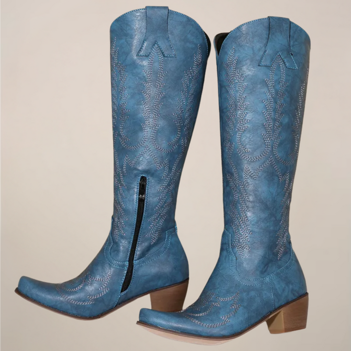 Bottes hautes western femme brodées à talon bloc – Élise – Bleu
