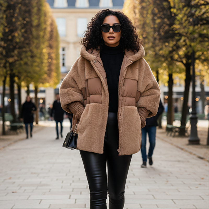 Doudoune oversize femme à capuche mêlant peluche et matelassé – Capucine - vue 2