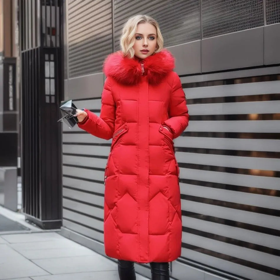 Manteau d'hiver long femme à capuche bordée de fourrure – Glamour – Rouge