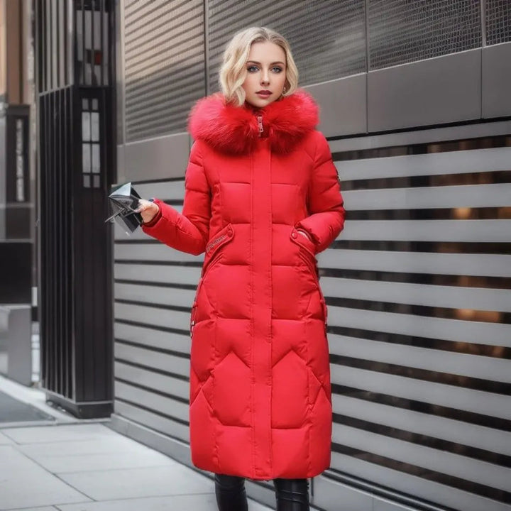 Manteau d'hiver long femme à capuche bordée de fourrure – Glamour – Rouge