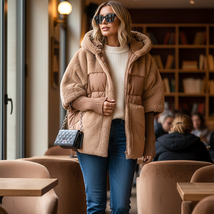 Doudoune oversize femme à capuche mêlant peluche et matelassé – Capucine - vue 3