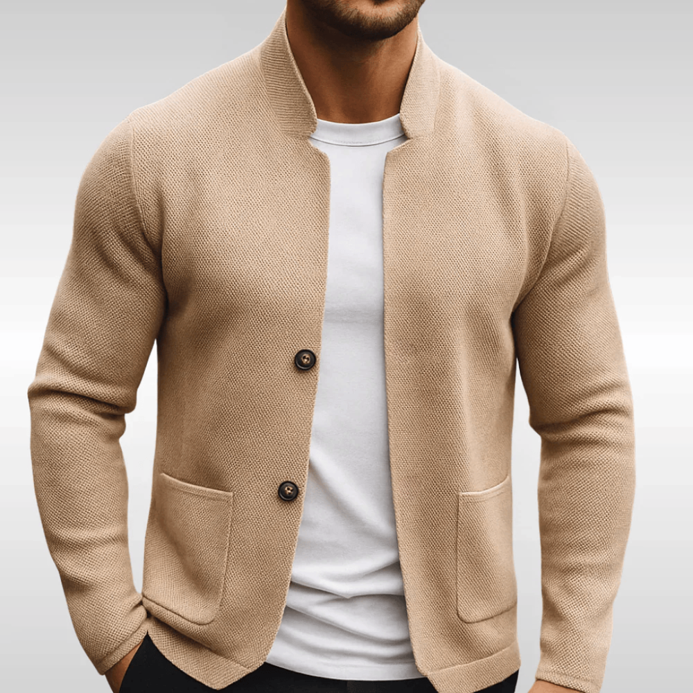 Cardigan en maille homme col mao à poches plaquées – Jules – Beige