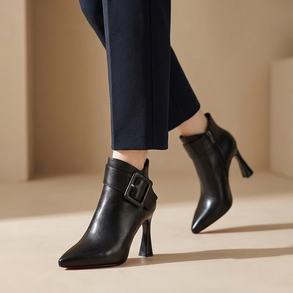 Bottines femme en cuir à bout pointu, boucle XXL et talon évasé – Garance – vue 6