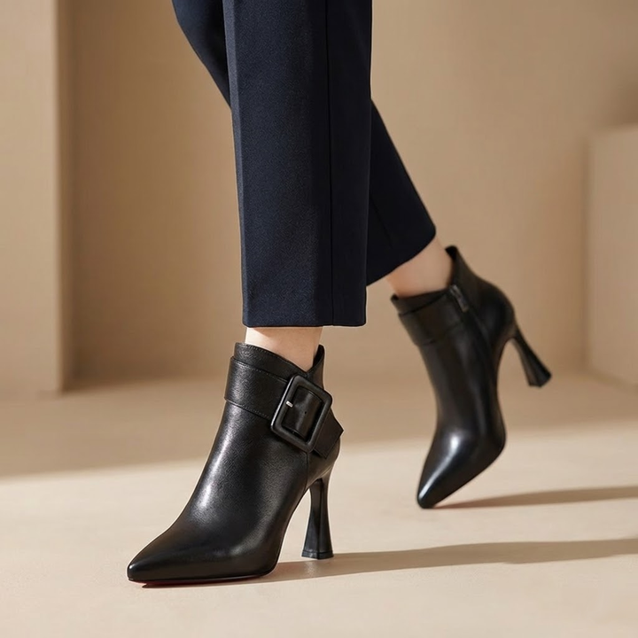 Bottines femme en cuir à bout pointu, boucle XXL et talon évasé – Garance – vue 6
