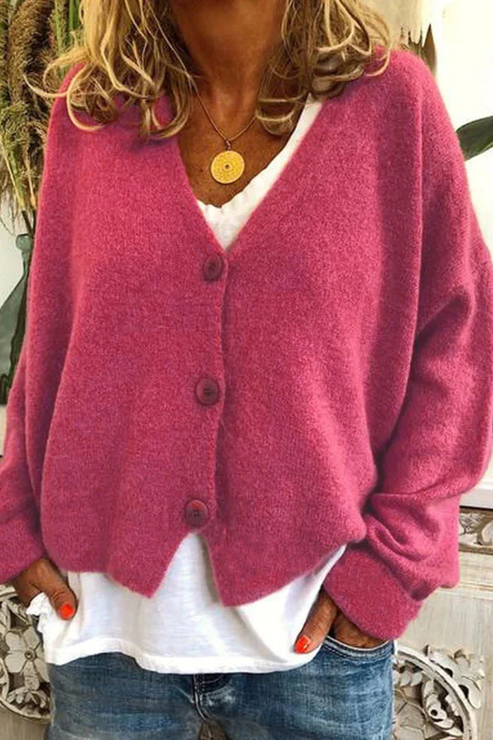 Cardigan femme en maille douce col V à boutons – Manon - Rose framboise