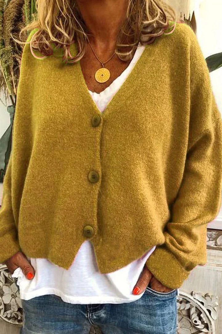 Cardigan femme en maille douce col V à boutons – Manon - Jaune