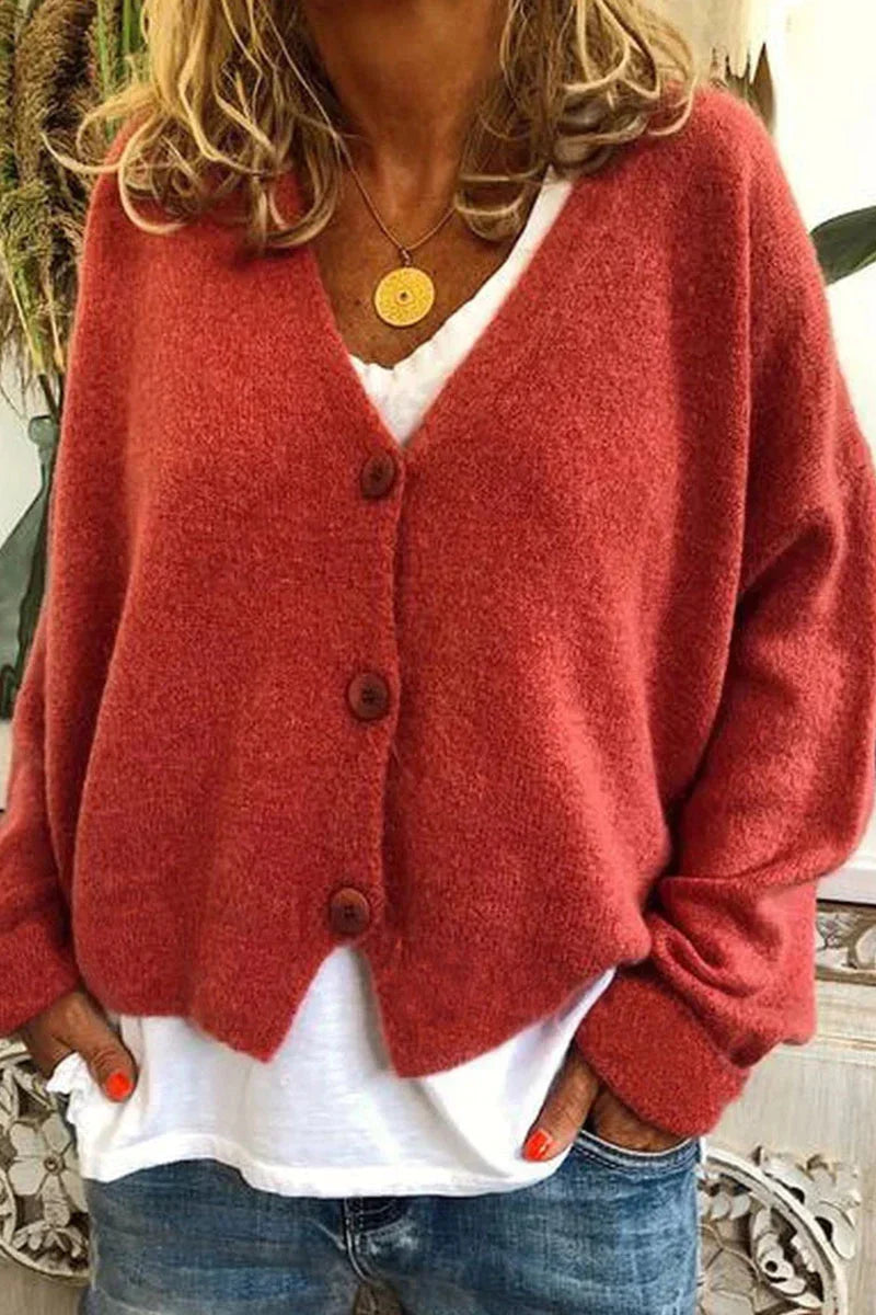 Cardigan femme en maille douce col V à boutons – Manon - Rouge brique