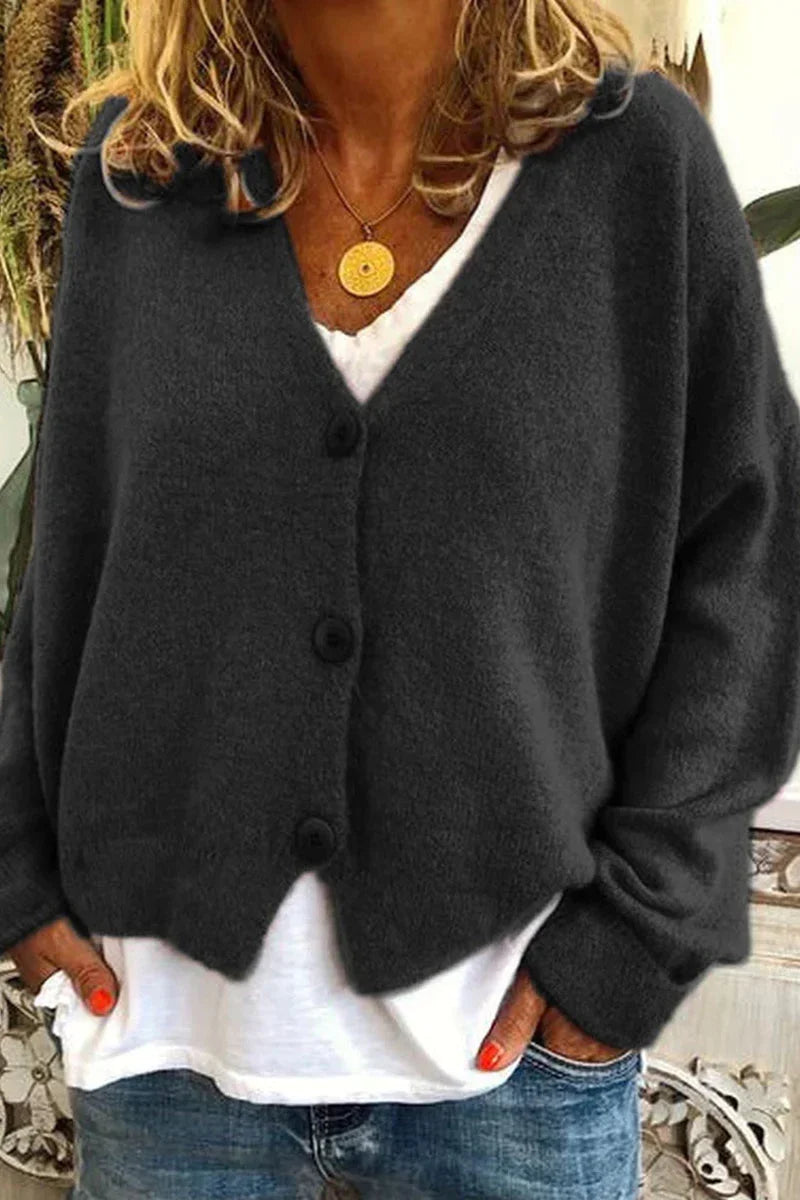 Cardigan femme en maille douce col V à boutons – Manon - Noir