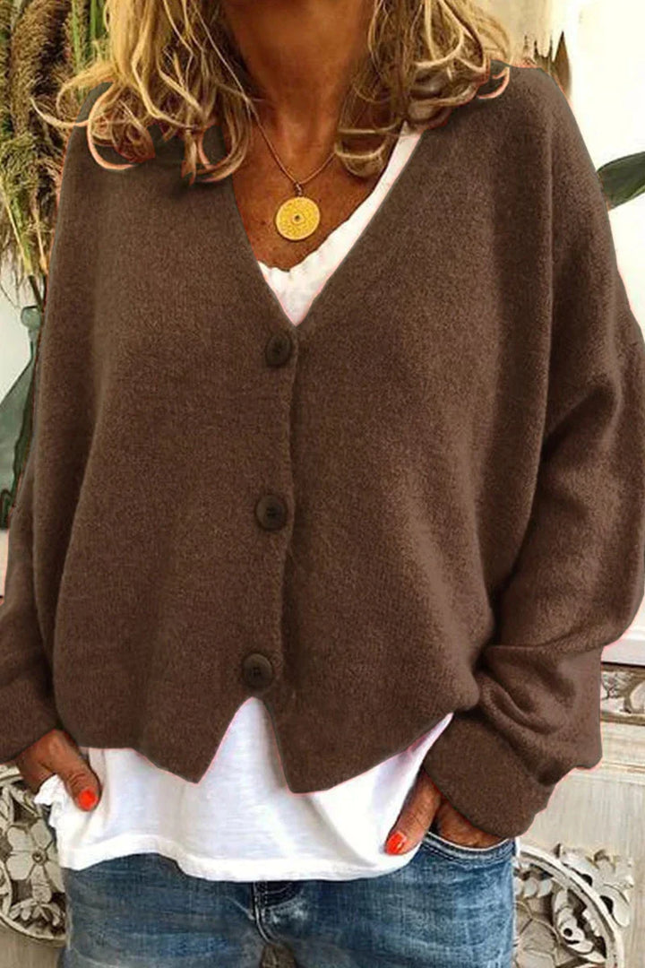 Cardigan femme en maille douce col V à boutons – Manon - Café