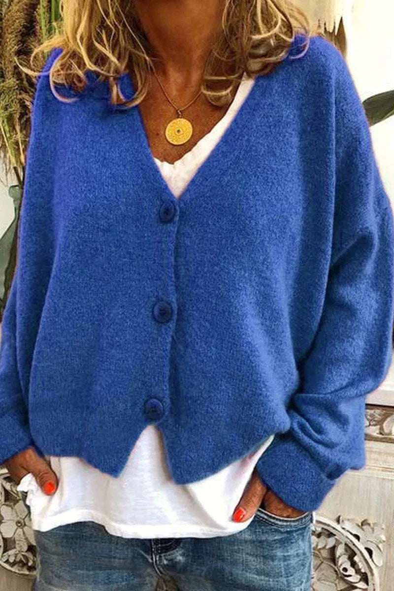 Cardigan femme en maille douce col V à boutons – Manon - Bleu