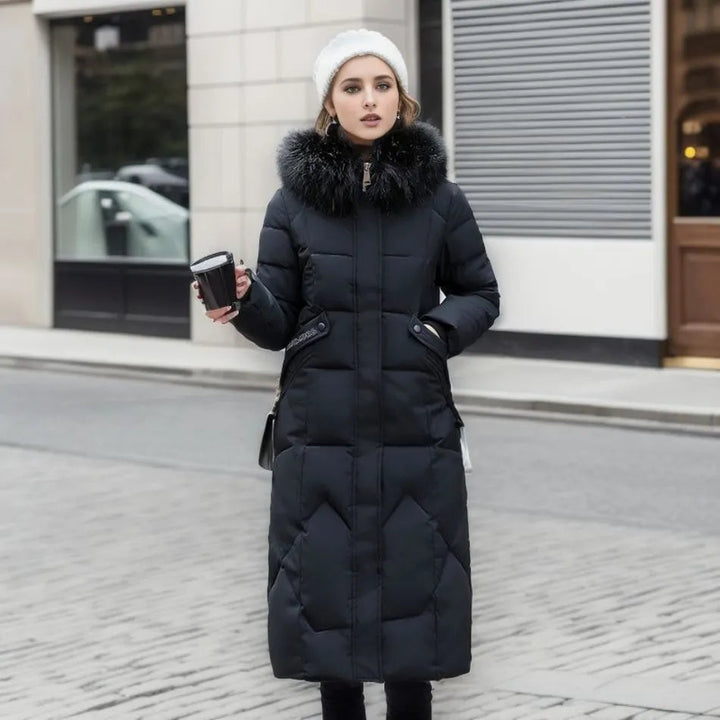 Manteau d'hiver long femme à capuche bordée de fourrure – Glamour – vue 6