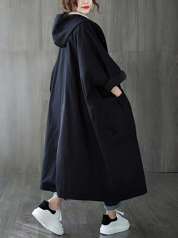 Trench long femme oversize à capuche et grandes poches plaquées – Apolline - Noir