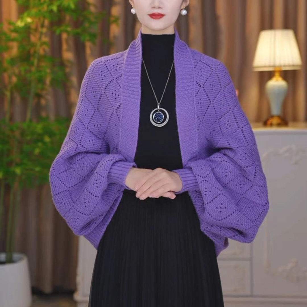Gilet châle femme en maille ajourée à manches longues – Colette - Violet