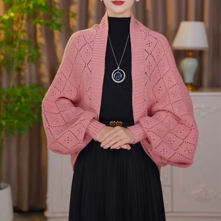 Gilet châle femme en maille ajourée à manches longues – Colette - Rose