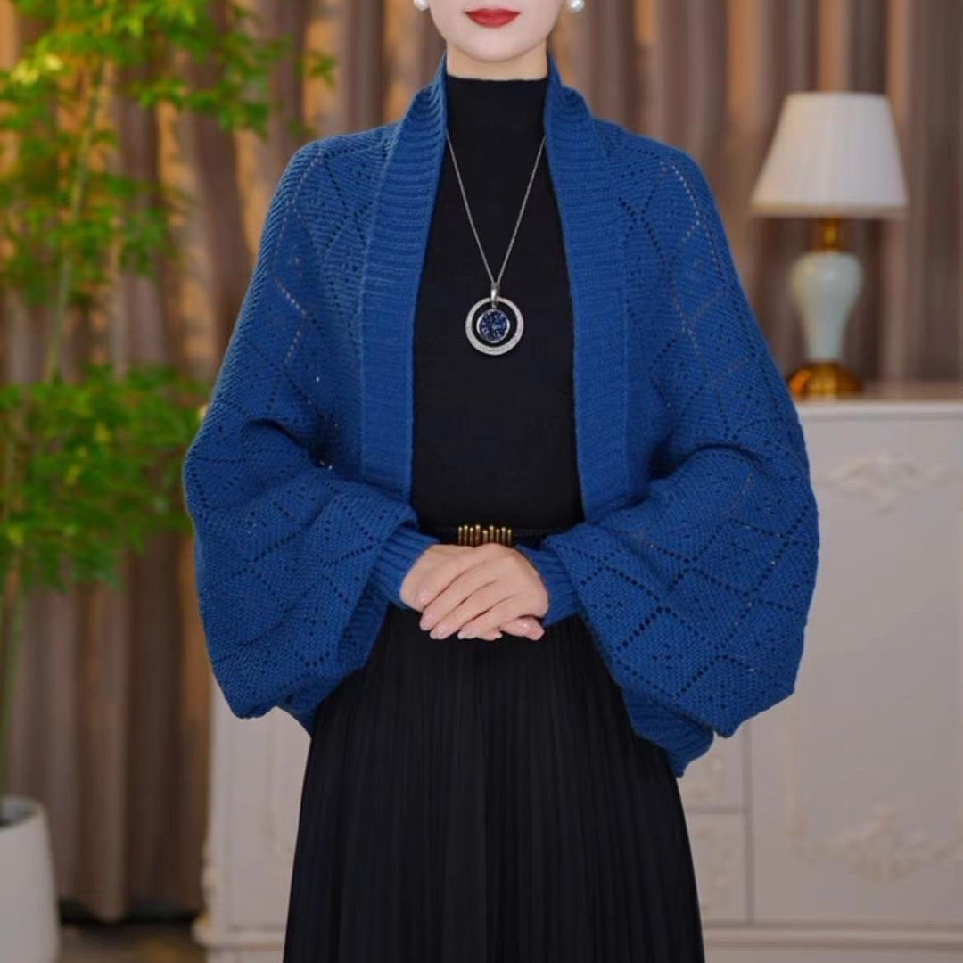 Gilet châle femme en maille ajourée à manches longues – Colette - Bleu