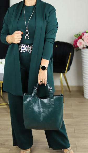 Ensemble 3 pièces femme gilet long, haut et pantalon à ceinture – Héloïse - Vert foncé