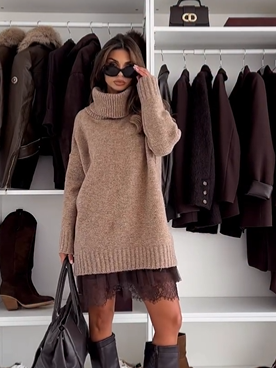 Ensemble femme pull long col roulé et robe courte en dentelle – Eugénie - Café