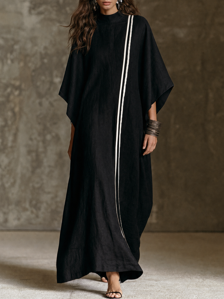 Robe longue femme minimaliste col montant à manches chauve-souris – Noir – Noir
