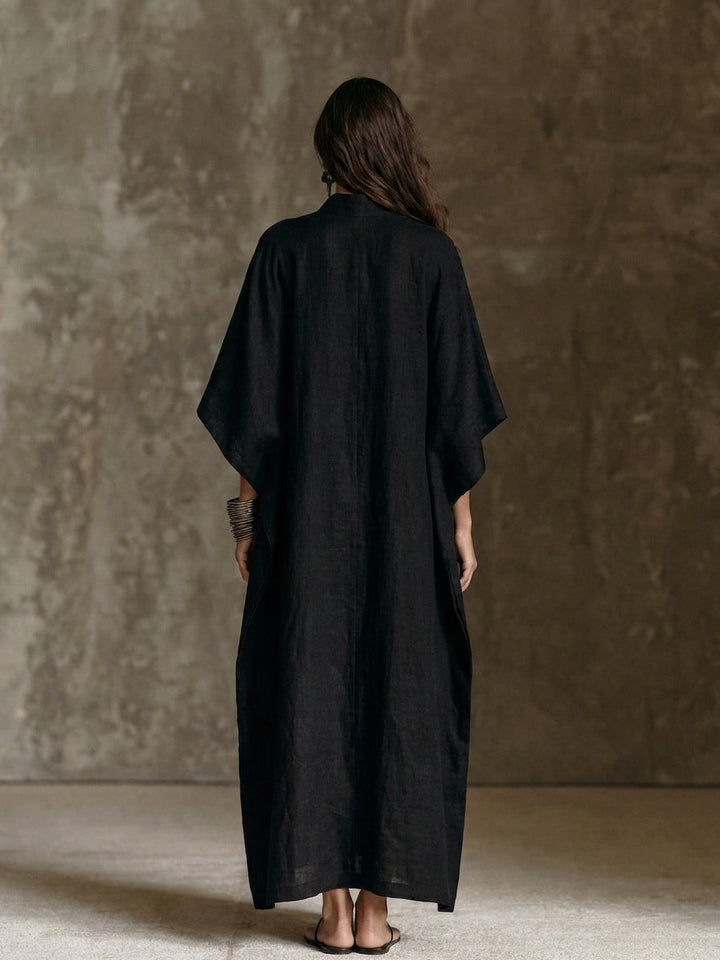 Robe longue femme minimaliste col montant à manches chauve-souris – Noir – vue 3