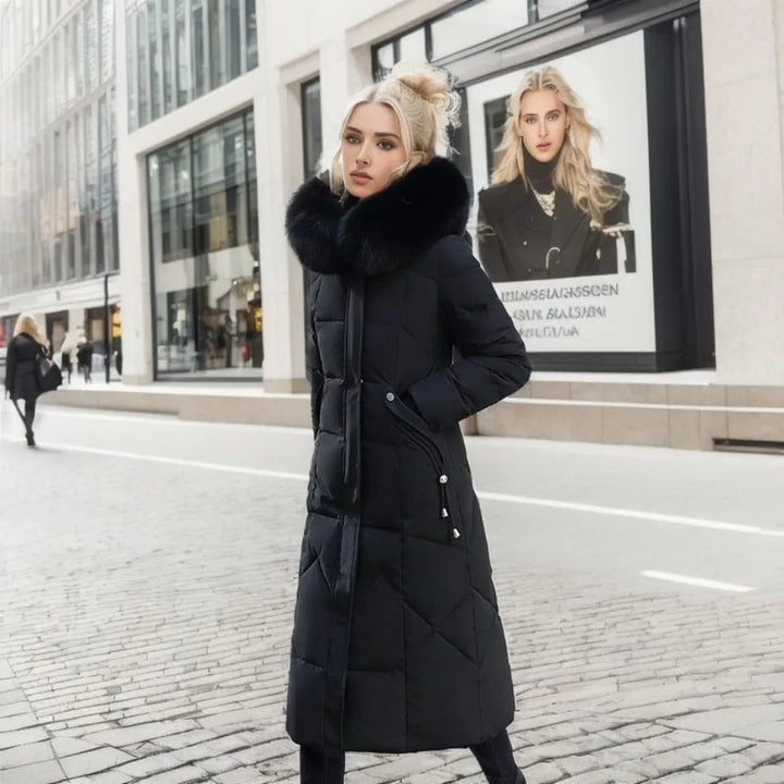 Manteau d'hiver long femme à capuche bordée de fourrure – Glamour – vue 5