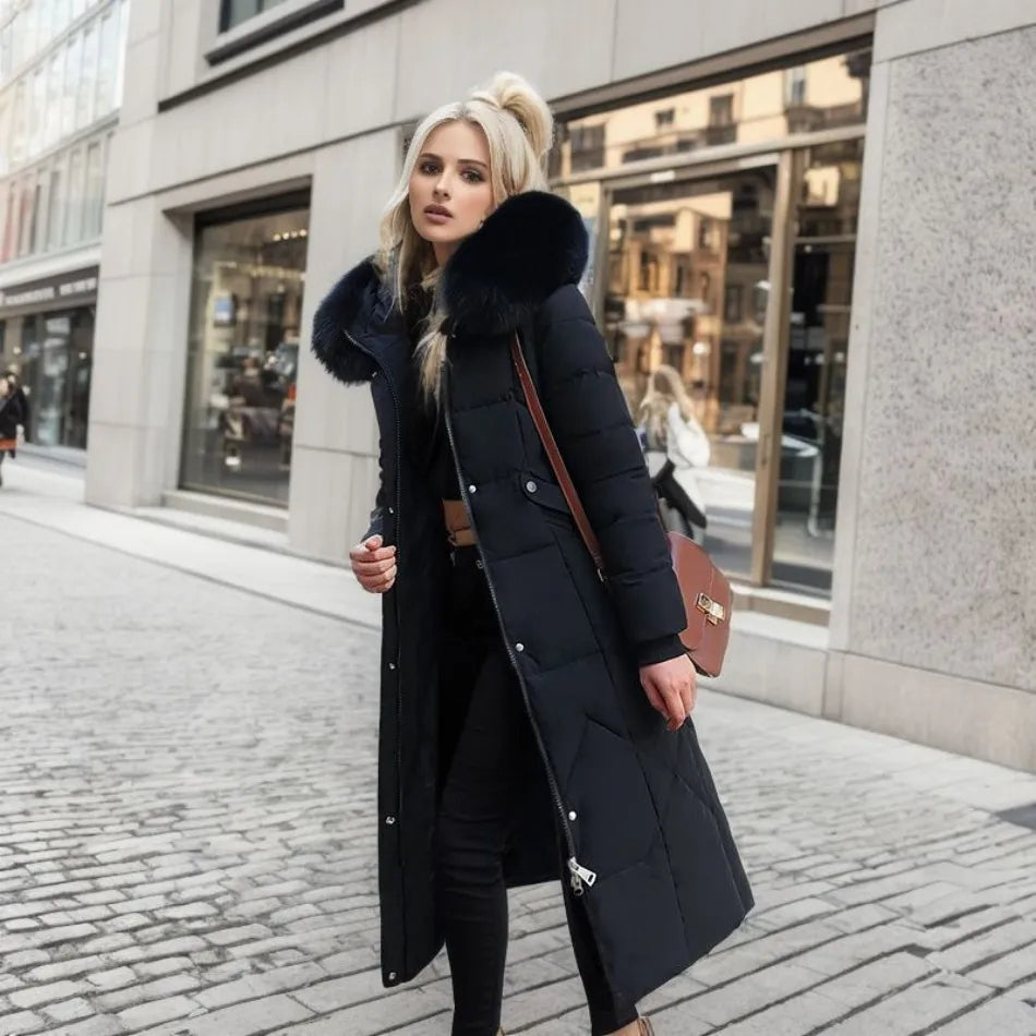 Manteau d'hiver long femme à capuche bordée de fourrure – Glamour – Noir