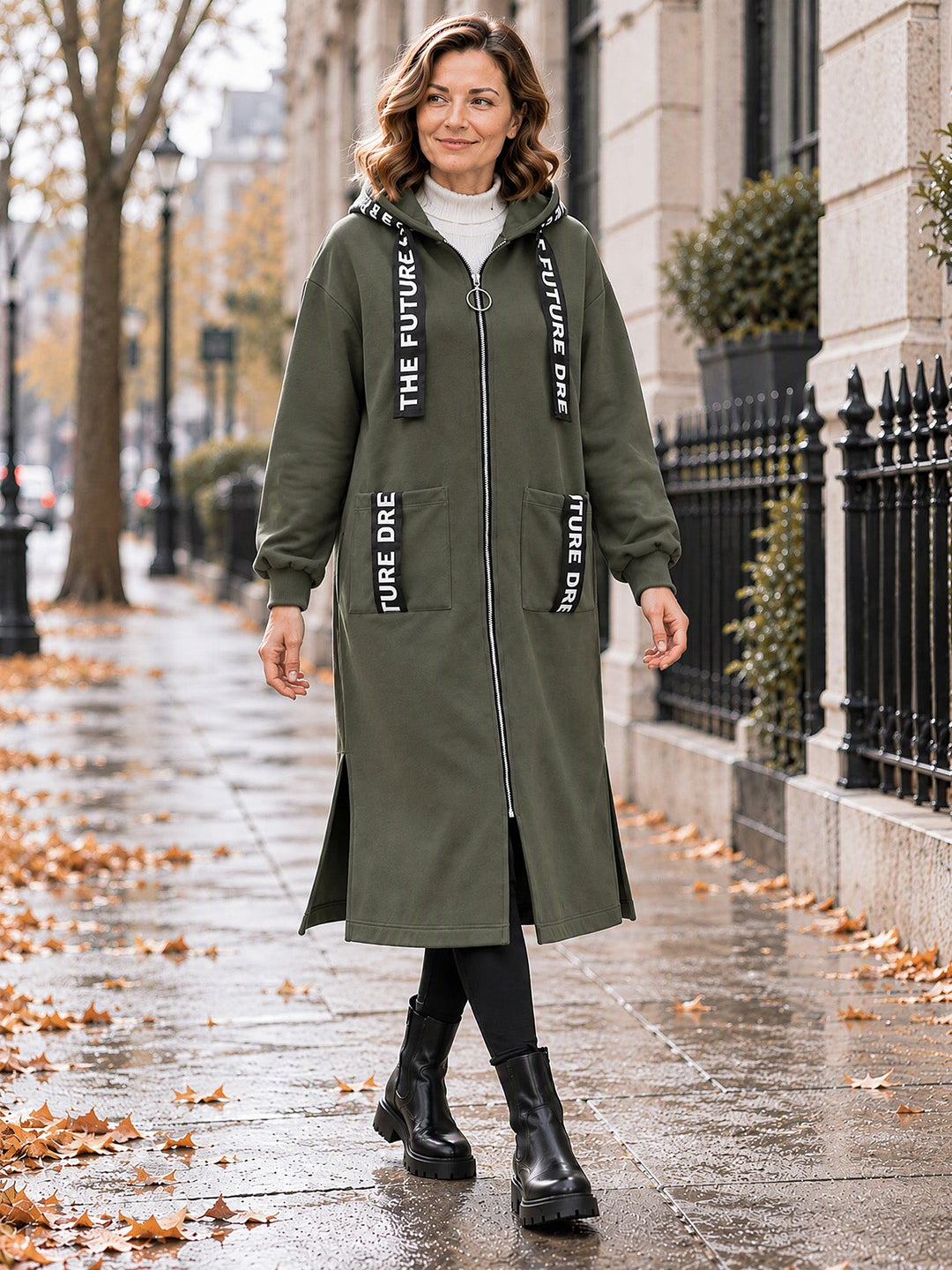 Manteau sweat long femme oversize zippé à capuche – Léonie - Vert