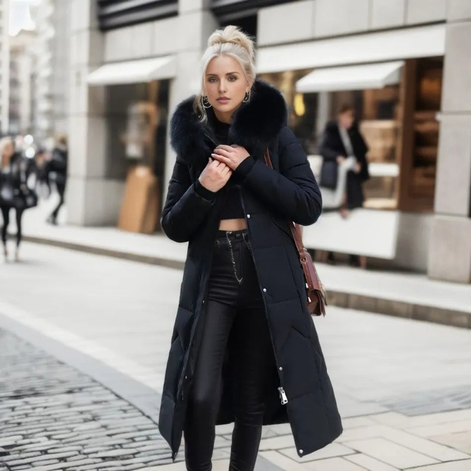 Manteau d'hiver long femme à capuche bordée de fourrure – Glamour – vue 4